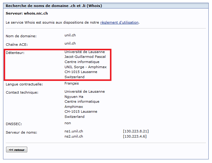 resultat du whois unil.ch