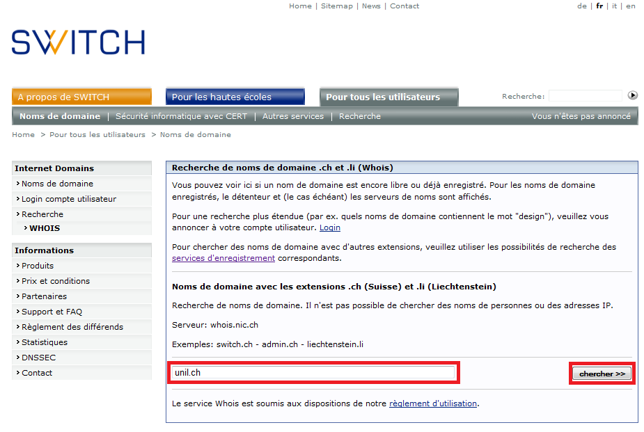 page whois du site nic.ch